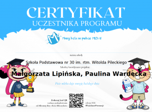 CERTYFIKAT DLA SP NR 30 W ŁODZI - "MAM KOTA NA PUNKCIE MLEKA!"